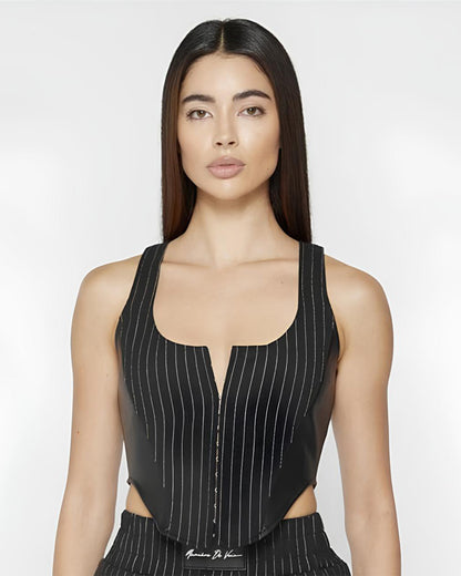 pinstripes-corset-top-black-oy1029,24110005GG52,topwear,tops,casual,bold, glam, streetwear,woven,polycotton,black,pinstripes,tailored fit,corset,regular,curved hem,scoop neck,shoulder strap,sleeveless,Color: Black
Fabric: Poly Cotton 
Fit: Tailored Fit 
Length: Regular
Neck: Scoop Neck
Print: Pinstripes
Closure: Hook & Eye
Details: The curved hem adds a modern edge to the top while accentuating the waist.,PINSTRIPES CORSET TOP