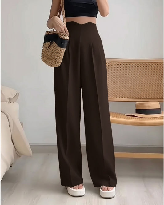 bottomwear,pants,semi-formal,business outfit,stretchable,polyester, spandex, dark brown, pleated,straight fit,straight,full length,high rise, OY956,, 25090069GG
