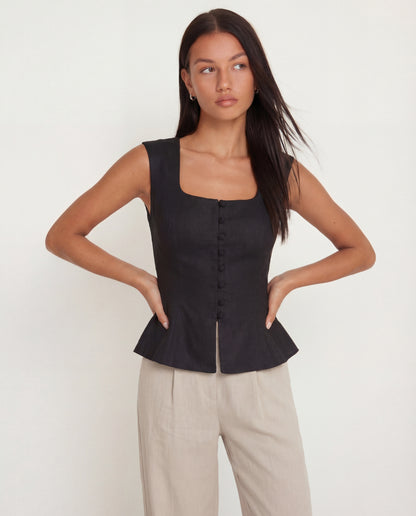 topwear,tops,semi-formal, vacation, outdoor events,minimal, sophisticated, summer,woven,cotton,black,solid,flounce,button,slim fit,peplum,waist length,flounce hem,square neck,shoulder strap,sleeveless, OY1909, 25060009GG