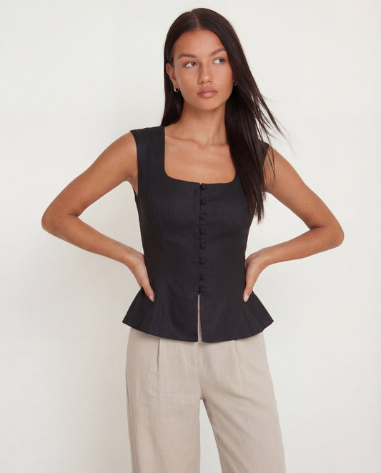 topwear,tops,semi-formal, vacation, outdoor events,minimal, sophisticated, summer,woven,cotton,black,solid,flounce,button,slim fit,peplum,waist length,flounce hem,square neck,shoulder strap,sleeveless, OY1909, 25060009GG