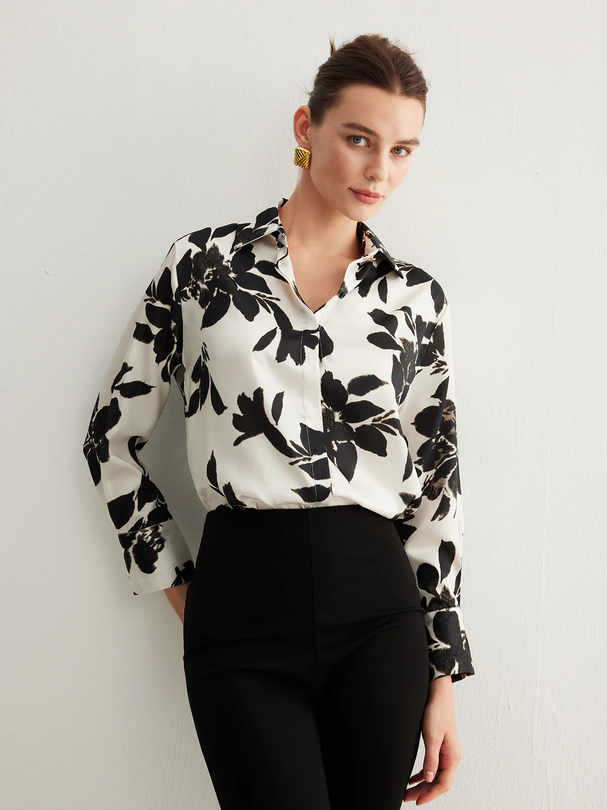 Ivory & Black Leaf's Print Satin Shirt