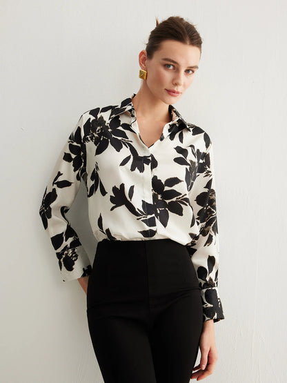 Ivory & Black Leaf's Print Satin Shirt