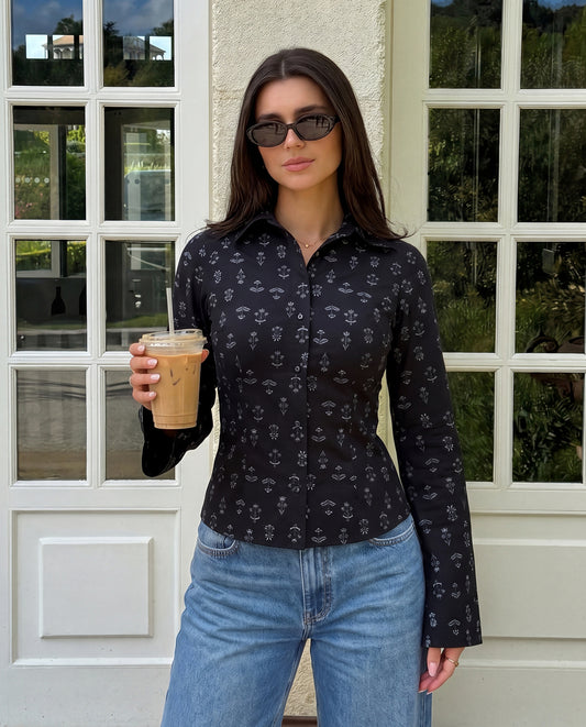 Botanical Print Fitted Shirt - Black