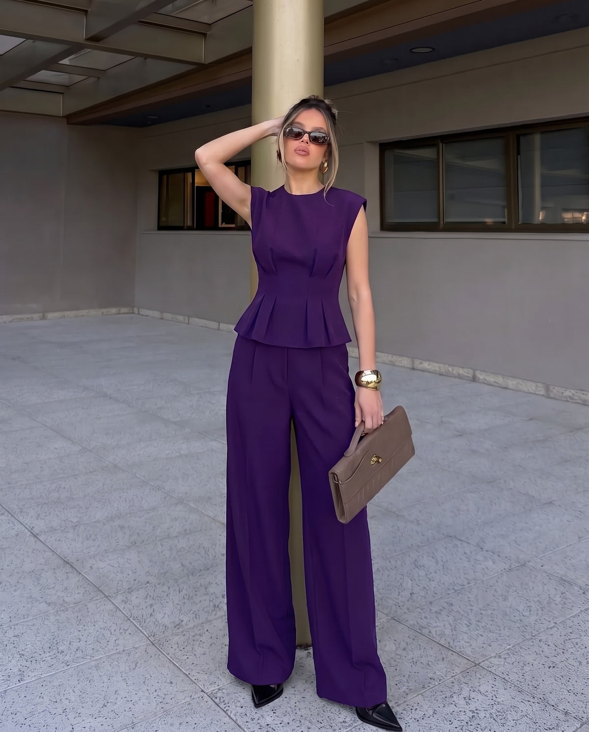 Tailored Linen Blend Top & Pants Co-Ord Set Purple