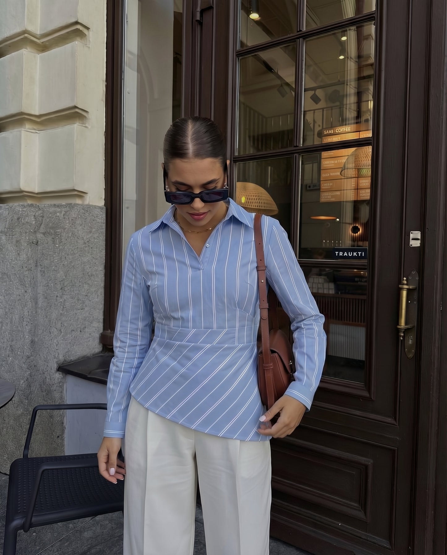 blue, asymmetrical shirt, summer, pastel blue, Stylish blue shirt, vertical stripes, playful, fun.