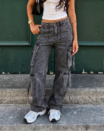 bottomwear,cargos,casual,summer, streetwear, urban fit,woven,denim,washed jeans, washed effect,ash grey,multi pocket, patch pocket, side pockets, utility pocket,straps,baggy fit,wide leg,full length,NA,high rise