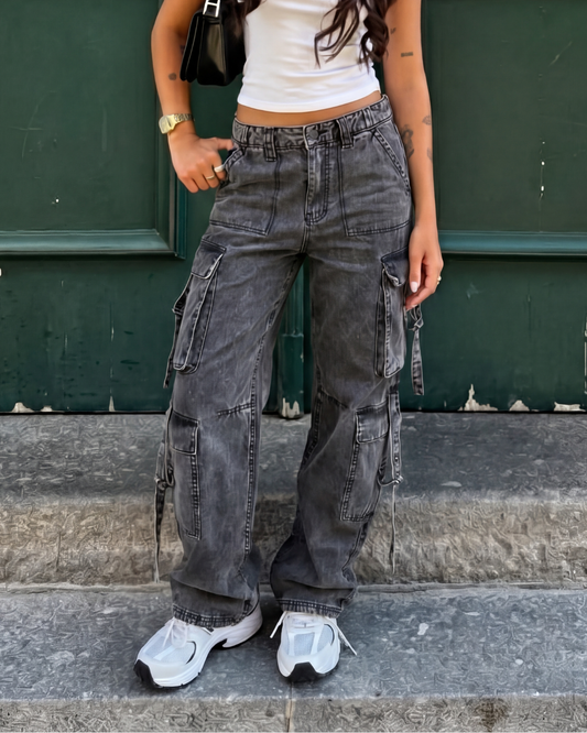 bottomwear,cargos,casual,summer, streetwear, urban fit,woven,denim,washed jeans, washed effect,ash grey,multi pocket, patch pocket, side pockets, utility pocket,straps,baggy fit,wide leg,full length,NA,high rise