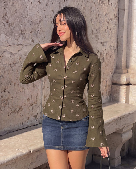Olive Bloom Fitted Shirt