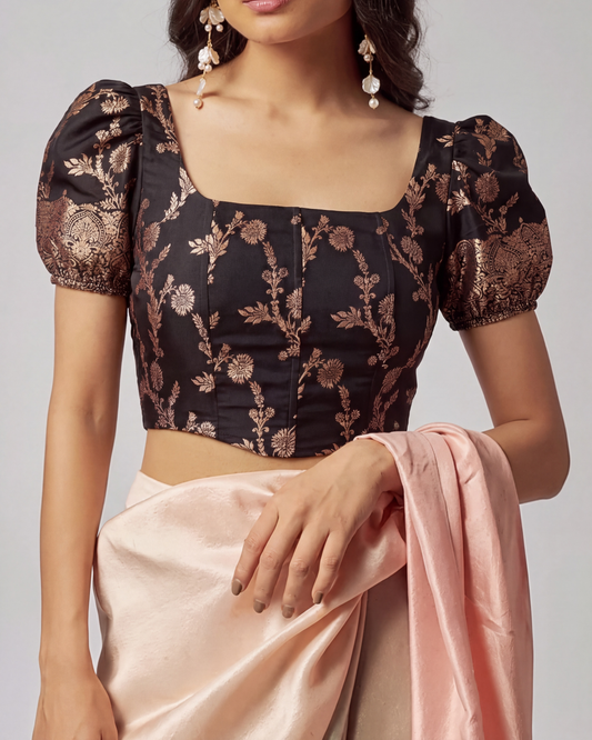 Black Puff Sleeve Brocade Saree Corset Blouse