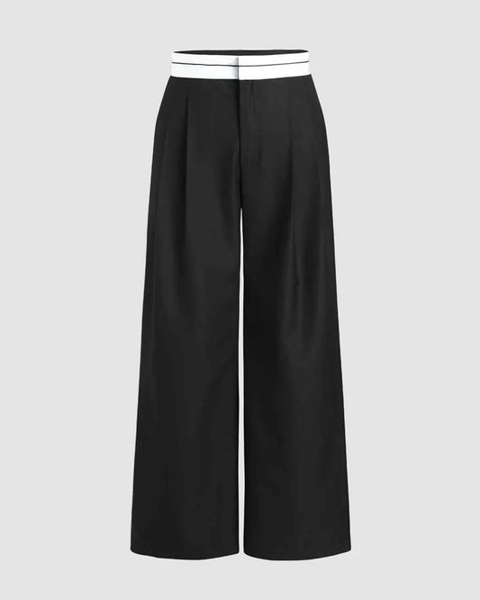 bottomwear,trousers,semi-formal,workwear,stretchable,polyester, spandex,black,relaxed fit,wide leg,full length,high rise,Color: Black
Fabric: 95% poly 5% spandex
Fit: Straight Fit 
Length: Full Length(40")
Waist: High Rise 
Closure: Zip & Hook
No. of Pockets: 2
Print: Solid
Detail: Color block waistband to elevate the waist.,COLOR BLOCK PLEATED TROUSERS