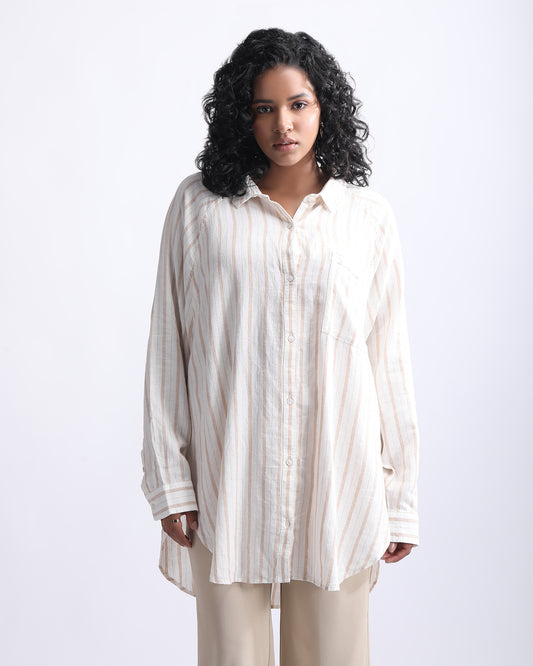 OVERSIZED SHIRT,button, casual, collared, cotton, cream, curved, long sleeves, longline, oversized, printed, shirts, stripes, summer, topwear, woven,oversized-shirt-cream,Color- CreamFabric- 52% Linen, 48% ViscoseType- ShirtsFit- OversizedLength- LonglineHem- CurvedClosure- Button UpPrint- StripedSize - (bust - 34", length - 31")
