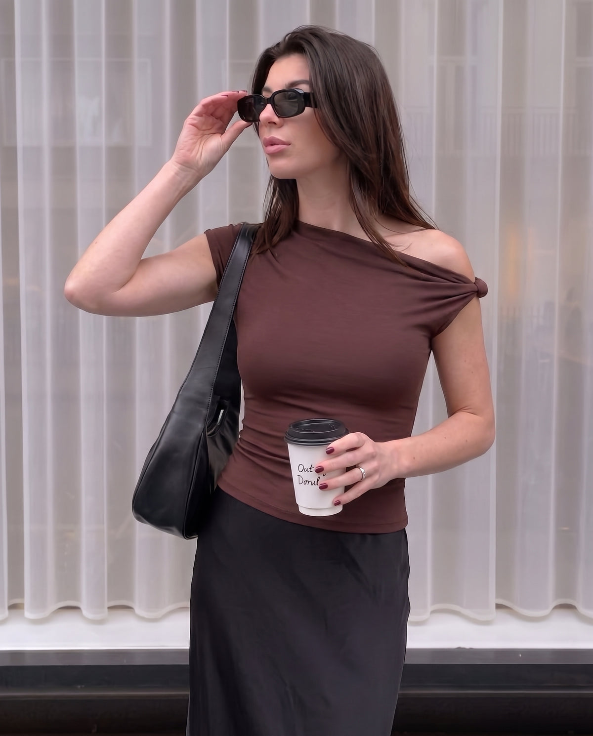 Brown Shoulder Knot Up Fitted Top