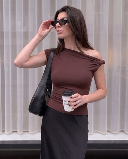 Brown Shoulder Knot Up Fitted Top