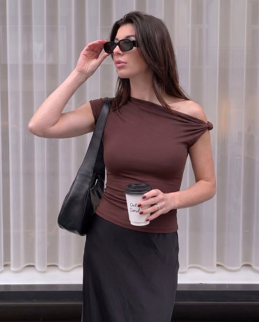 Brown Shoulder Knot Up Fitted Top