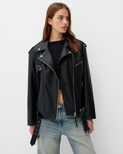 belted-zip-up-biker-jacket-black,outer wear,jackets,outdoors,streetwear, winter wear,non woven,faux leather,black,solid,belt, zipper,boxy fit,biker jacket,regular,lapel collar,long sleeves,zipper pocket,Color: Black
Fabric: Faux Leather
Fit: Boxy Fit
Length: 
Neck: Lapel Collar
Closure: Zipper
Type of Pocket: Zipper Pockets,BELTED ZIP-UP BIKER JACKET