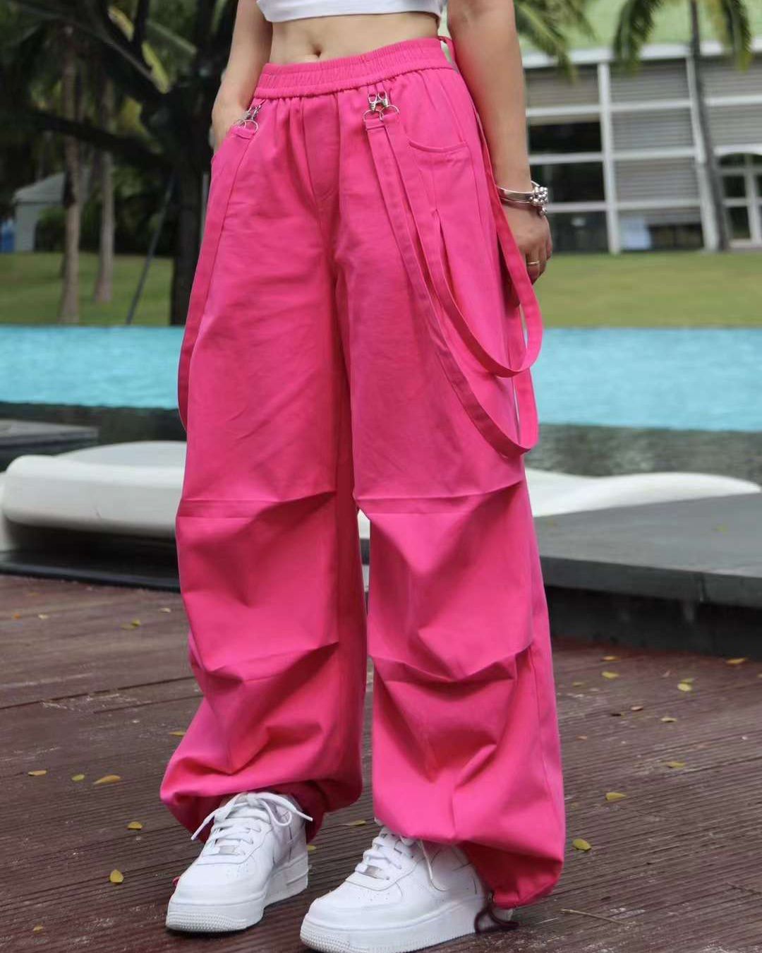 PARACHUTE PANTS,baggy fit, bottomwear, casual, cotton, drawstring, full length, high rise, parachutes, pink, straps, streetwear, summer, woven,parachute_pants_pink,Color- PinkFabric- CottonFit- Baggy Fit Length- Full LengthWaist- High RiseHem- DrawstringClosure- Elasticated WaistNo. of Pockets- 4Print- SolidSize- Waist- 26-28 in; Length- 41in
