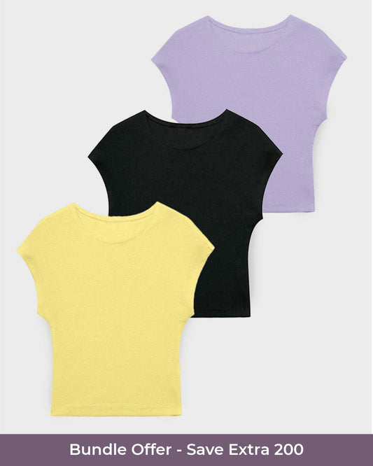 topwear,tops,casual,summer, streetwear,knitted, stretchable,cotton, ribbed,lemon yellow,solid,slim fit,fitted,crop,crew neck,cap sleeves,short sleeves,lavender,black,25050001BU