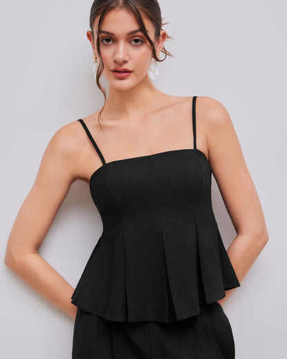 topwear,tops,casual, vacation, outdoor events,minimal, sophisticated, summer,woven,cotton twill,black,solid,pleated,tailored fit,fit and flare,waist length,straight hem,cami neck,spaghetti strap,sleeveless	OY1919, 25060024GG