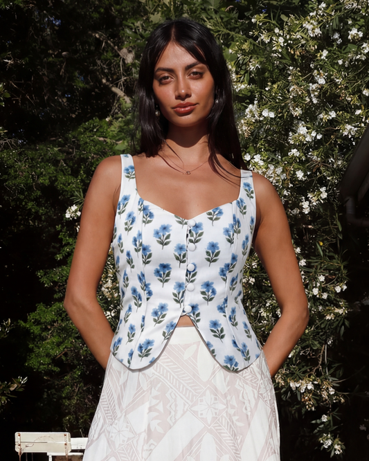 Floral, printed, summer season, corset,topwear,tops,casual,gen z, summer,streetwear, breathable, solid, button,slim fit,fitted,waist length, blue, white, spring, OY3007