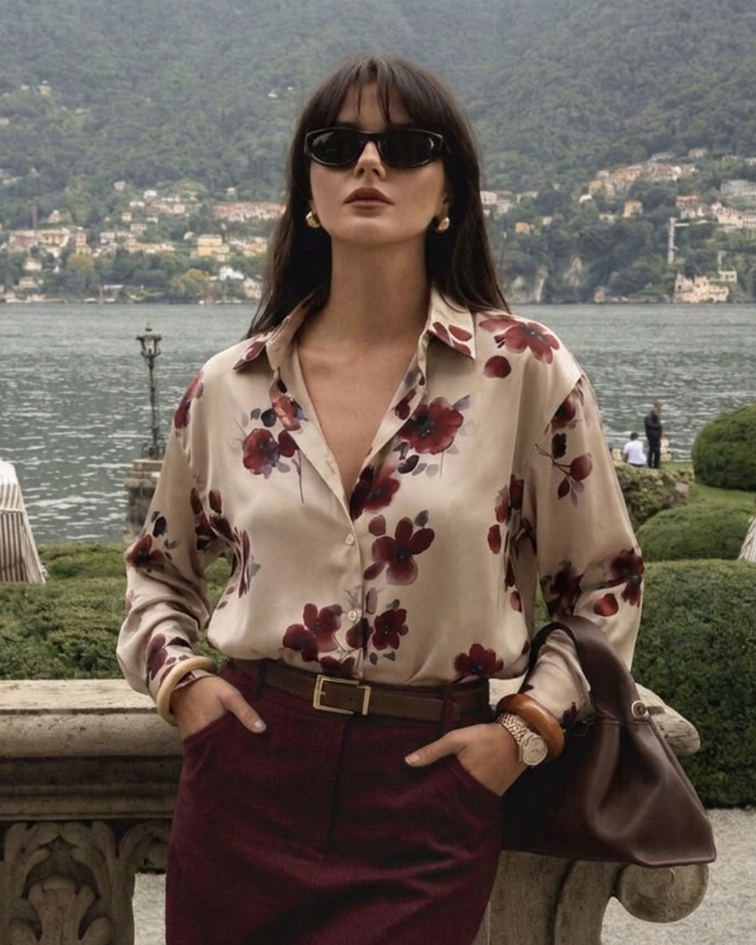 Floral Wine Blossom Satin Shirt