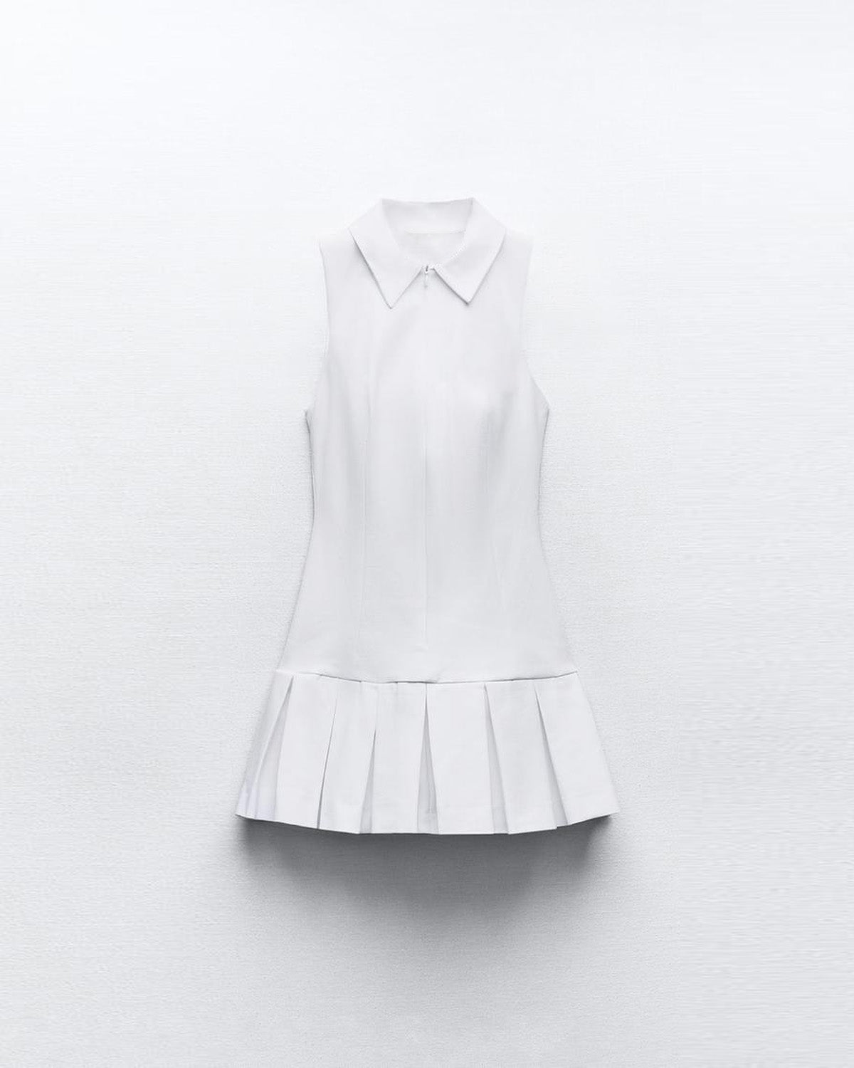 tailored-a-line-dress,TAILORED A-LINE DRESS,dresses,dresses,outdoor event,streetwear,woven,poplin,white,solid,pleated,regular fit,a line,mini,collared,sleeveless,