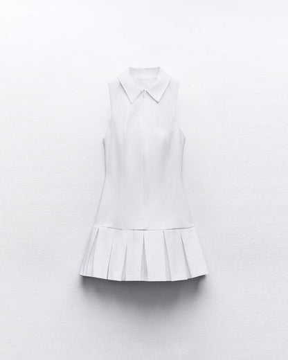 tailored-a-line-dress,TAILORED A-LINE DRESS,dresses,dresses,outdoor event,streetwear,woven,poplin,white,solid,pleated,regular fit,a line,mini,collared,sleeveless,