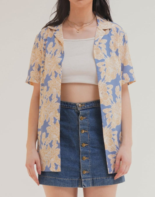 PRINTED BOYFRIEND SHIRT,abstract, beach, blue, boyfriend shirts, button, casual, collared, cotton, floral, longline, multi colored, oversized, printed, shirts, short sleeves, streetwear, summer, topwear, vacation, woven,printed-boyfriend-shirt-blue-beige,Color- Blue &amp; Beige Fabric- PolyesterType- Boyfriend ShirtFit- OversizedLength- LonglineNeck- CollaredSleeves- ShortClosure- Button UpPrint- Floral Abstract