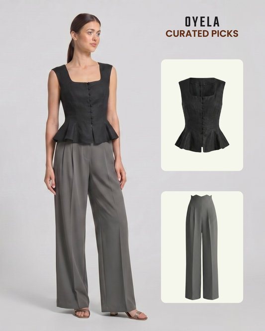 Black Buttoned Peplum Top and Grey Corset Waist pants