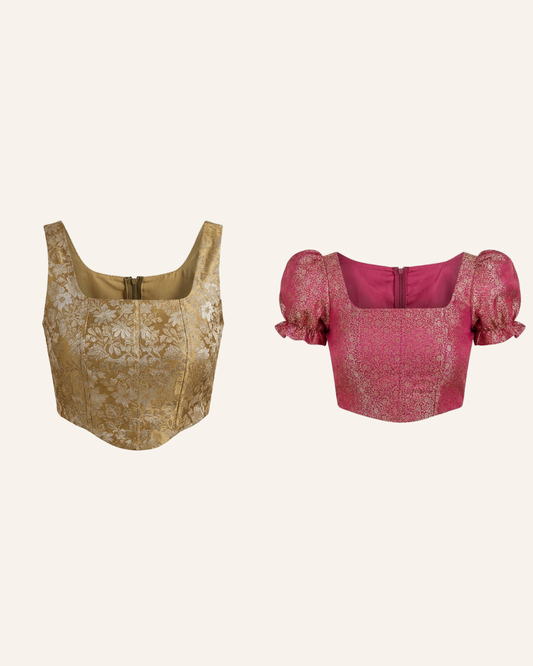Set of 2 Gold and Fuschia Pink Banarasi Brocade Corset Tops