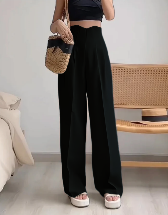 bottomwear,pants,semi-formal,business outfit,stretchable,polyester, spandex,black,pleated,straight fit,straight,full length,high rise, OY956 BLACK, 25090071GG