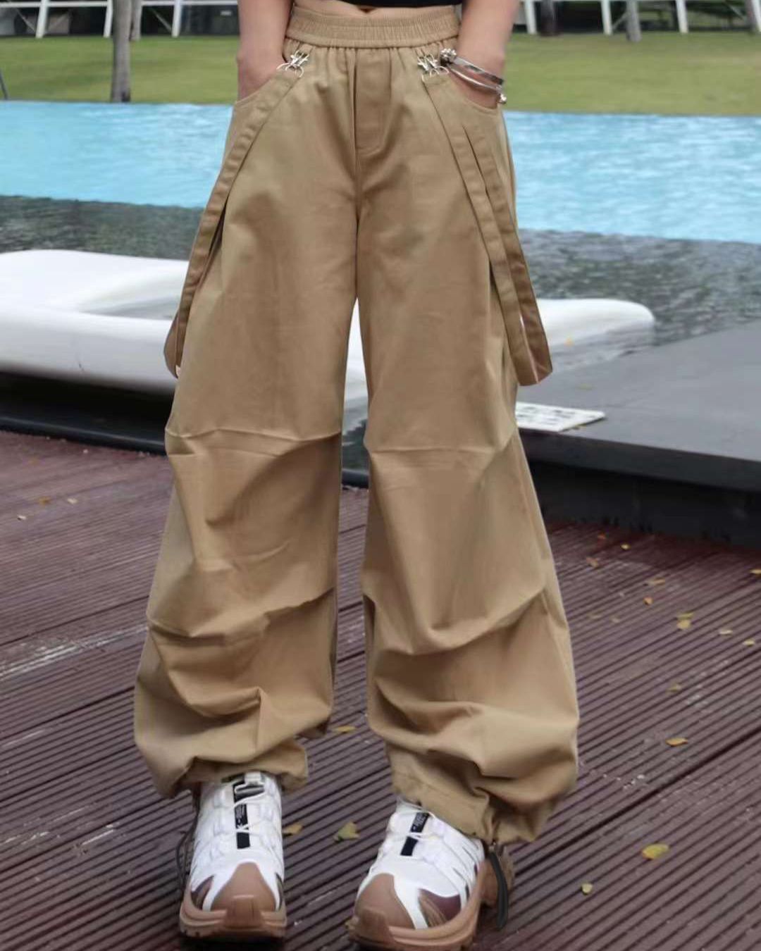 PARACHUTE PANTS,baggy fit, beige, bottomwear, casual, cotton, drawstring, full length, high rise, parachutes, straps, streetwear, summer, woven,parachute_pants_beige,Color- BeigeFabric- CottonFit- Baggy Fit Length- Full LengthWaist- High RiseHem- DrawstringClosure- Elasticated WaistNo. of Pockets- 4Print- SolidSize- Waist- 26-28 in; Length- 41in