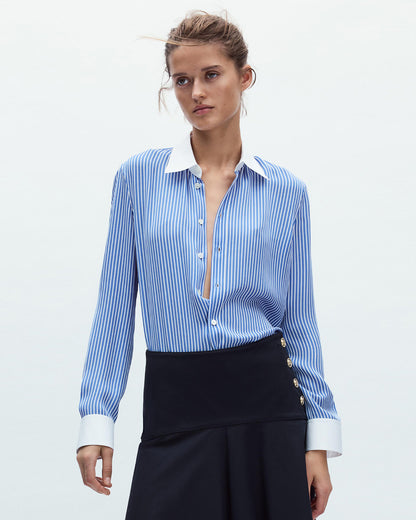 topwear,tops, shirts,casual, formal, semi-formal,minimal, soft girl, summer,woven,polycotton,printed,blue,pinstripes,color block,button,regular fit,shirt,longline,curved hem,shirt collar,full sleeves,cuff sleeves,OY2013, 25060045GG