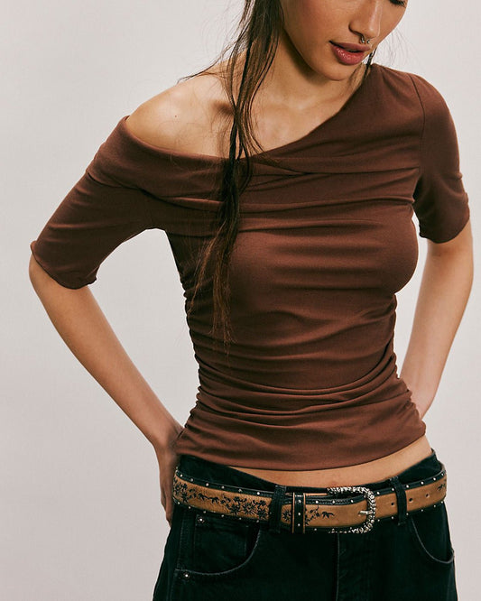 one-shoulder-drop-top-in-brown-brown-oy1506,25010006GG52,topwear,tops,casual,glam, streetwear,knitted,ribbed,brown,solid,slim fit,fitted,regular,one shoulder,short sleeves,Color: Brown
Fabric: Ribbed
Fit: Slim Fit 
Length: Regular
Neck: Asymmetric Neck
Sleeve: Short Sleeves
Print: Solid
Detail: One shoulder down ,ONE SHOULDER DROP TOP IN BROWN