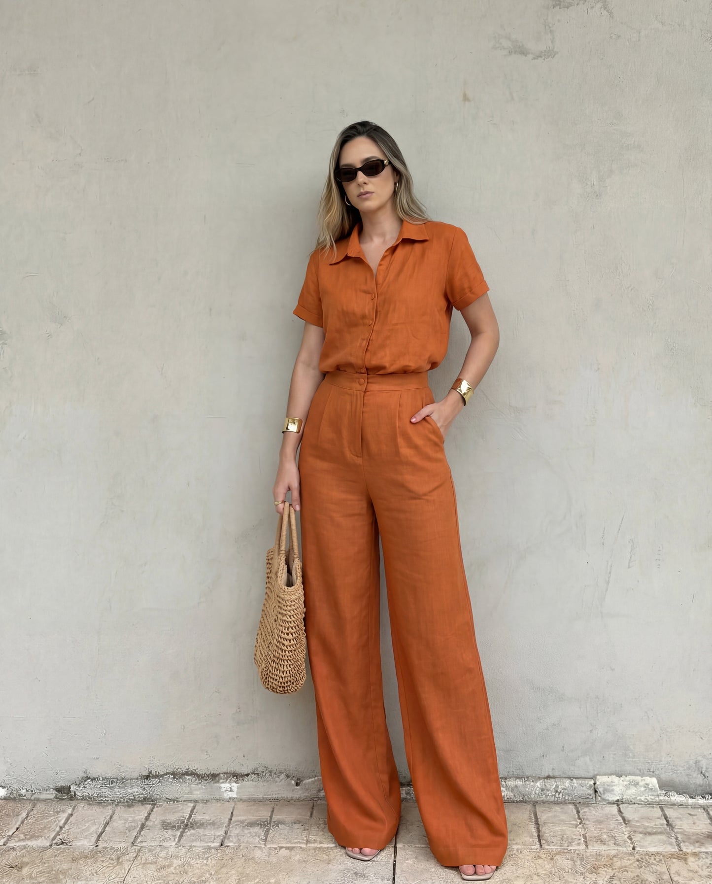 Collared Shirt & Tailored Pants Co-Ord Set Rust Orange