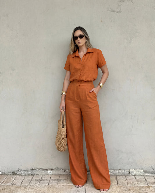 Collared Shirt & Tailored Pants Co-Ord Set Rust Orange