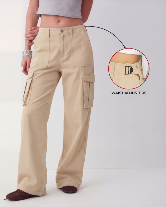 Beige Wide Leg Adjustable Cargo