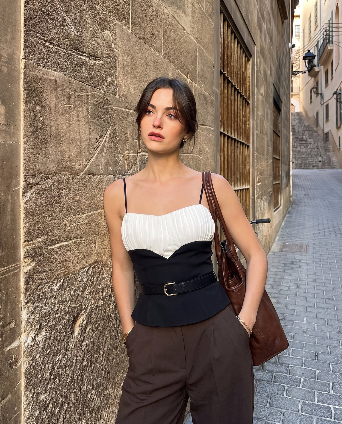 Black And White Ruched Detail Cami Top