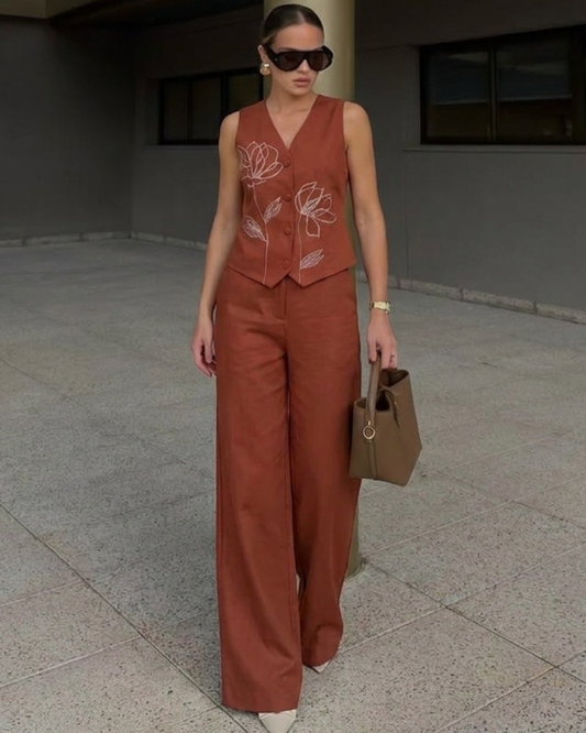 Floral Embroidery Top & Pants Co-Ord Set - Brown