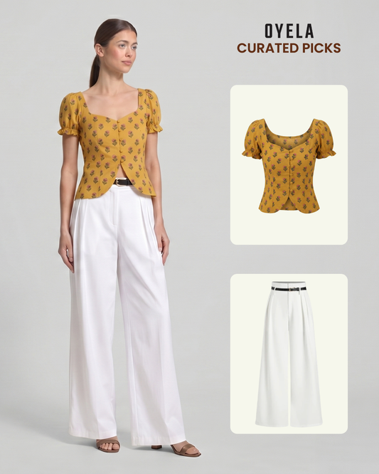 Floral Print Corset Top and White Pleated Pants With Belt