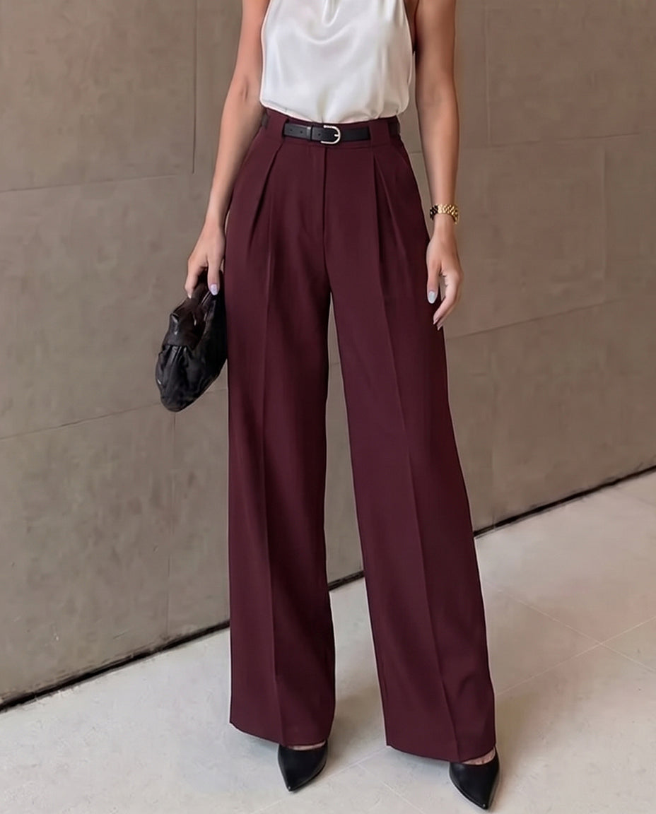 Pleated Pants With Belt- Maroon