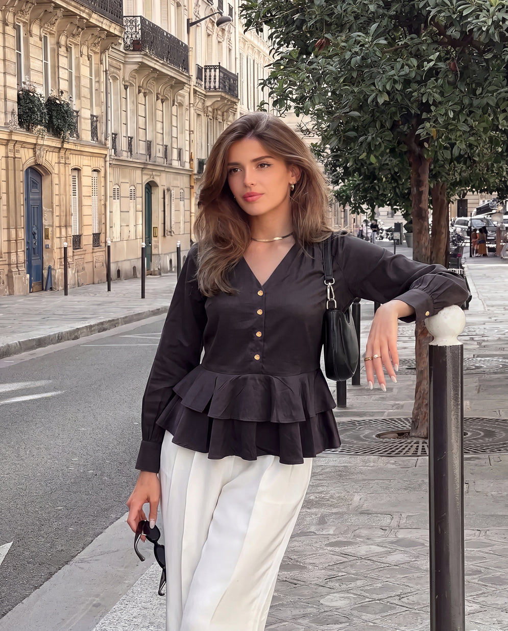 Double Layer Peplum V-Neck Top - Black