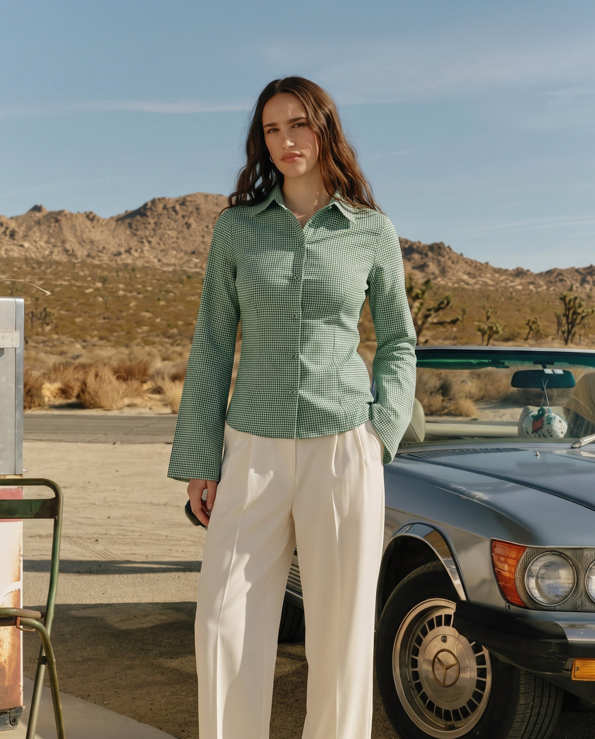 Green Check Shirt With Cinched Waist
