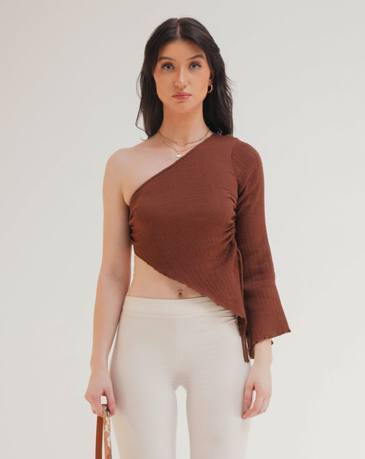 ONE SHOULDER CRINKLED TOP,asymmetric, beach, brown, casual, drawstring, fitted, knitted, long sleeves, one shoulder, polyamide, regular, slim fit, solid, streetwear, stretchable, summer, textured, tops, topwear, vacation,one-shoulder-crinkled-top-brown,Color- Brown
Fabric- Stretch Knit 
Type- Fitted 
Fit- Slim Fit 
Length- Regular
Sleeves- One Shoulder
Hem- Asymmetric Hem
Print- Solid
Details- Crinkled Fabric