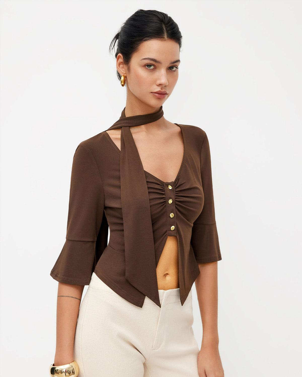 topwear,tops,casual, casual chic,bold, gen z, summer,knitted, stretchable,ribbed,brown,solid,ruched,button,skinny fit,split top,longline,slit hem,v-neck,no straps,flute sleeves,long sleeves, OY2156, 25080018GG