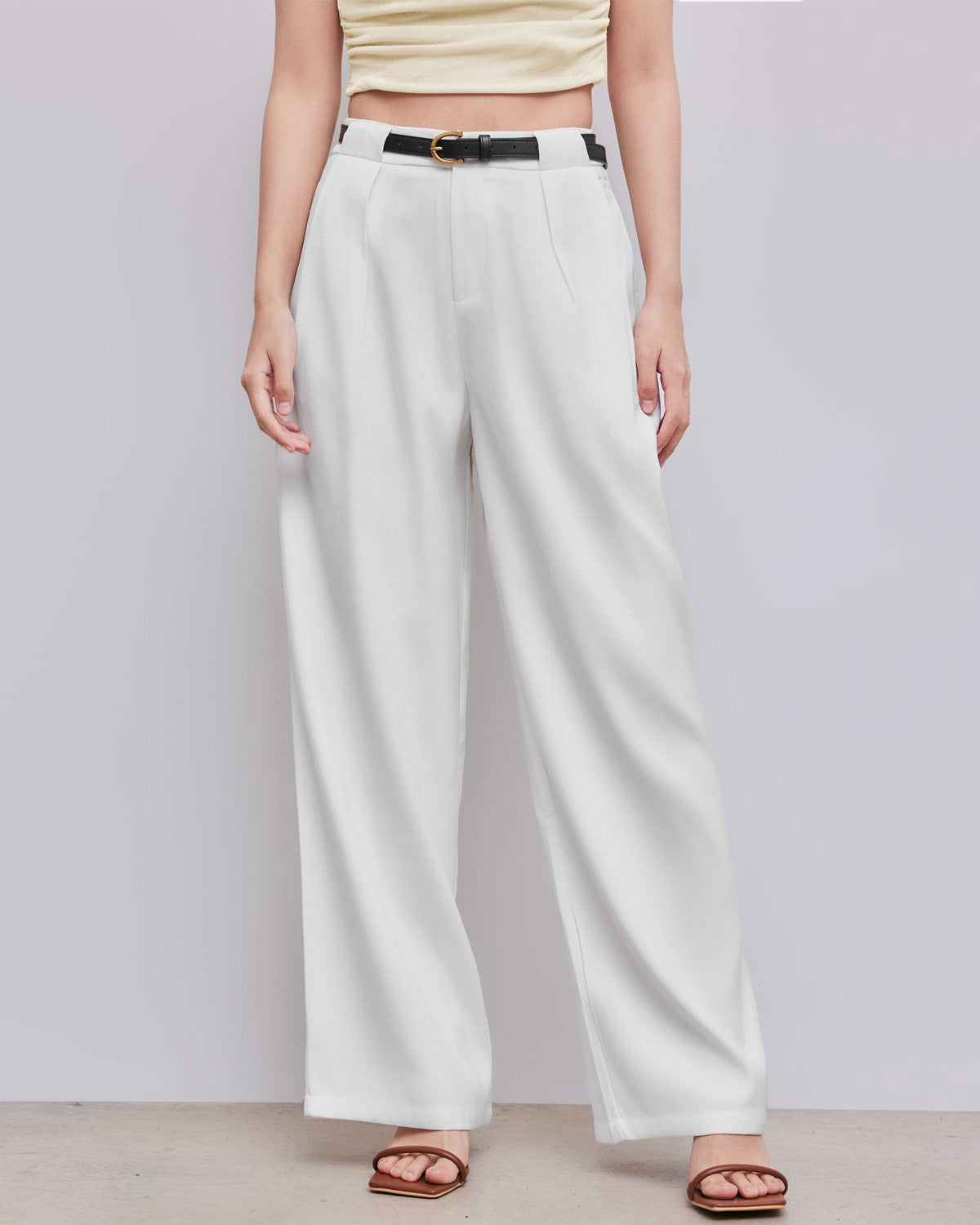 bottomwear,pants,semi-formal,workwear,stretchable,polyester, spandex, white,pleated,tailored fit,wide leg,full length,high rise, 25080013GG, OY975