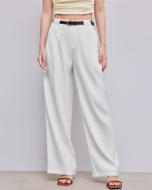 bottomwear,pants,semi-formal,workwear,stretchable,polyester, spandex, white,pleated,tailored fit,wide leg,full length,high rise, 25080013GG, OY975