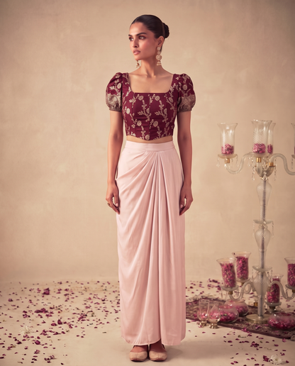 Set of 2 Maroon Floral  Banarsi Brocade  Corset Top & satin silk draped skirt set