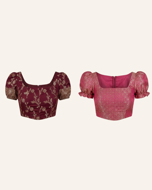 Set of 2 Maroon and Fuschia Pink Puff Sleeve Brocade Tops
