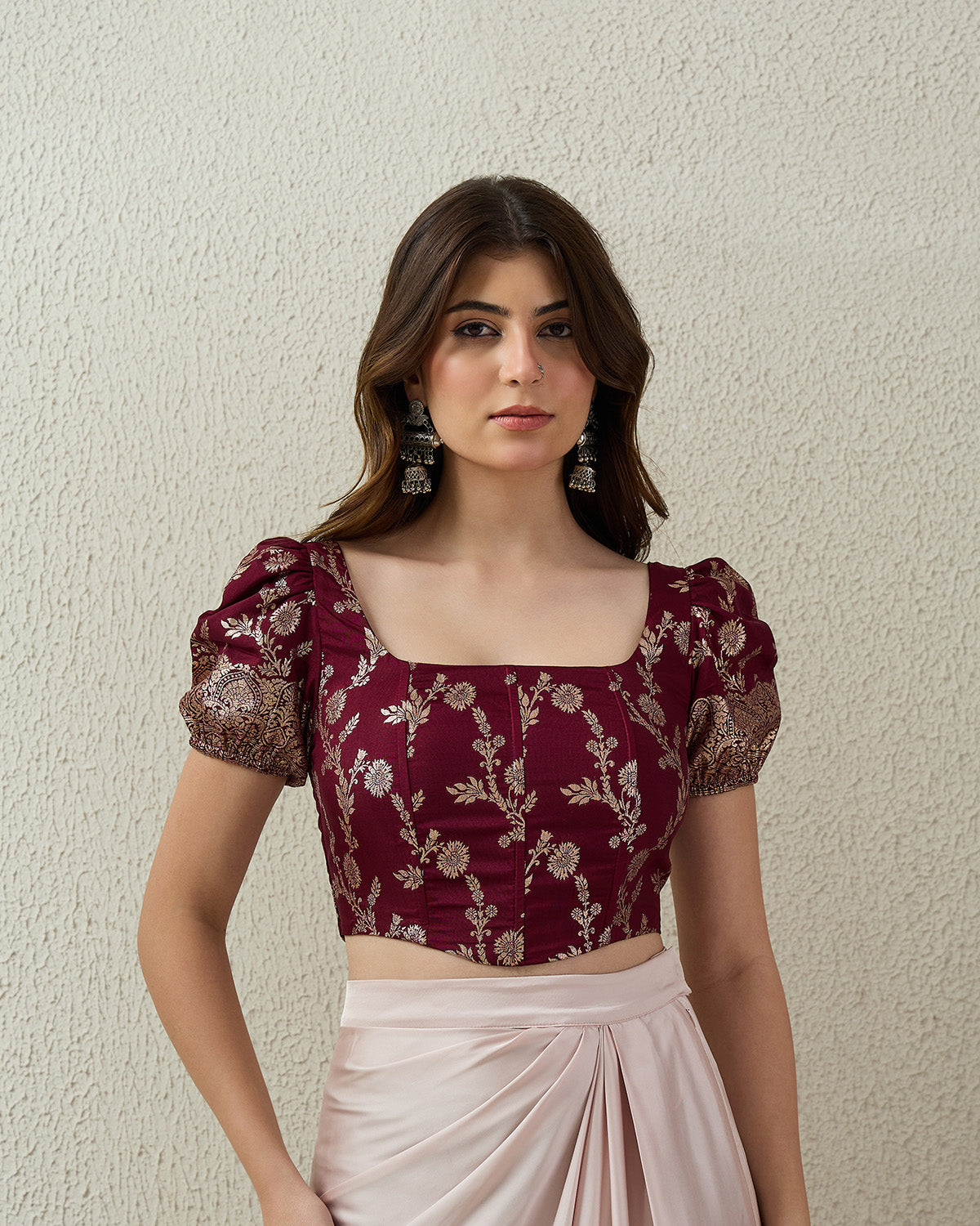 topwear,tops,ethnic, indo-western,ethnic wear, festive wear, indian wear, summer, casual,woven,poly,brocade,purple,floral pattern,panelling,zipper,skinny fit,slim fit top,crop length,curved hem,square neck,no straps,puff sleeves,short sleeves, OY2102, 25070043GG