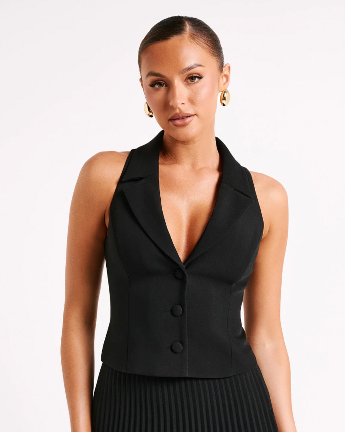topwear,tops, waist coat,formal, semi-formal, outdoor events,creative workwear, minimal, summer,stretchable,polyester, spandex,black,solid,tailored fit,waist coat,waist length,lapel collar,sleeveless,25010064GG, OY1708